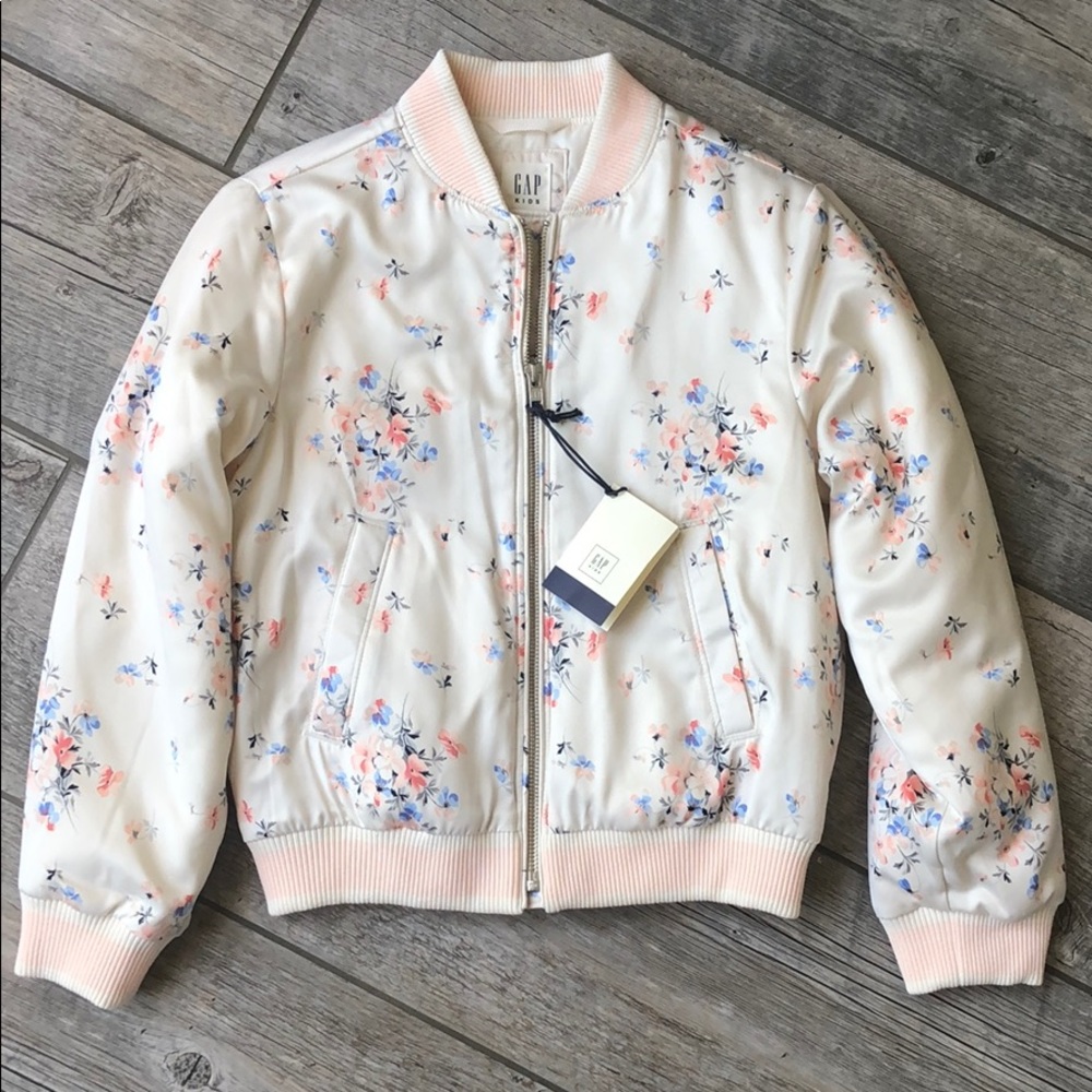 Gap Kids Girls M 8 Satin Floral Bomber Jacket Cream Pink NWT